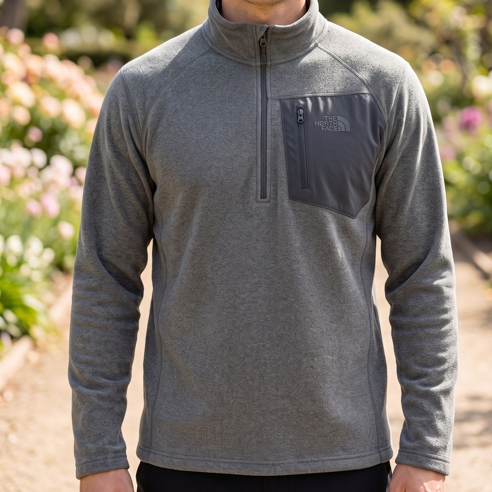 The North Face Mens Gray Quarter Zip Fleece Pullover Chest Pocket Jacket L